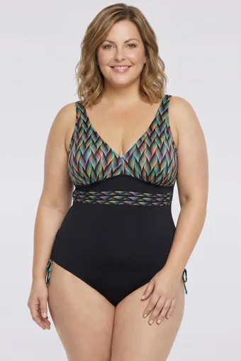 costume da bagno nero con motivi colorati