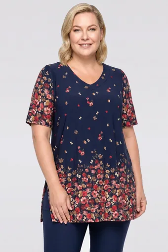 Tunica blu navy con fiori marroni e rossi