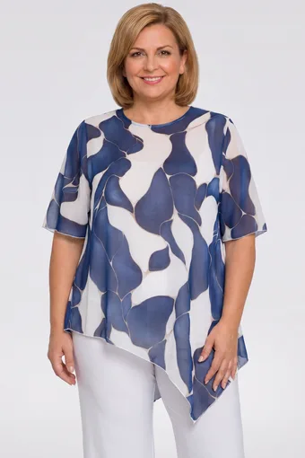 Tunica bianca asimmetrica con motivo blu navy