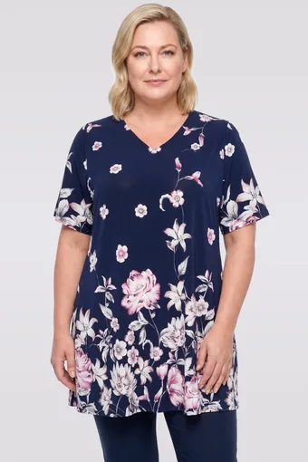 Tunica blu navy con fiori grigi e rosa