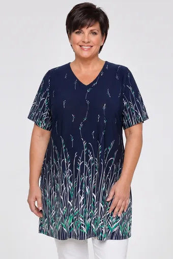 Tunica blu navy con foglie bianche e verdi
