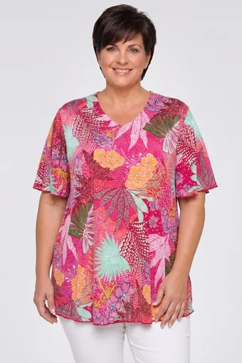 Camicetta rosa con motivi tropicali colorati
