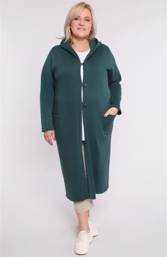 Blusa lunga e calda verde scuro con bottoni
