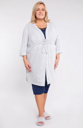 accappatoio in cotone grigio con pois bianchi