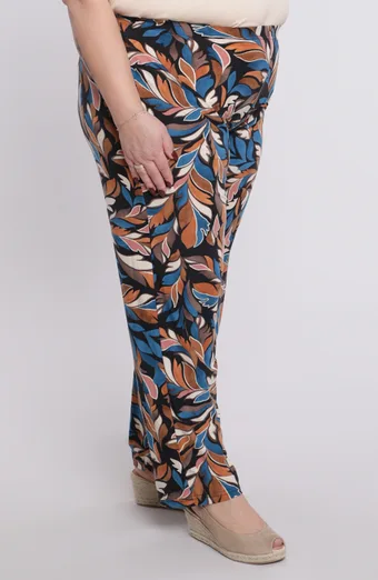 Pantaloni con stampa a foglie rosse e blu e elastico in vita