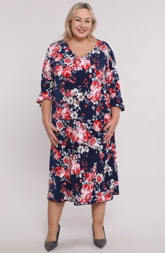 Vestito blu navy fiori rossi