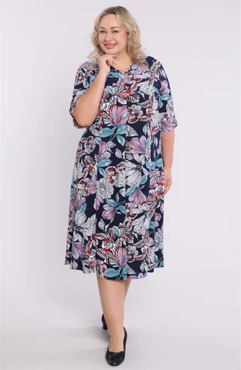Abito blu navy con fiori colorati