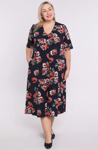 Abito blu navy con scollo a V e stampa floreale