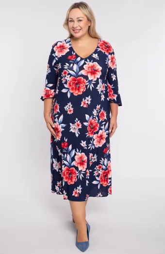Abito blu navy con fiori rossi