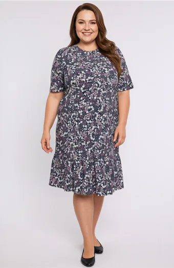Abito blu navy con volant e fiori beige e rosa
