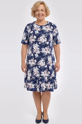 Abito blu navy con volant e fiori luminosi