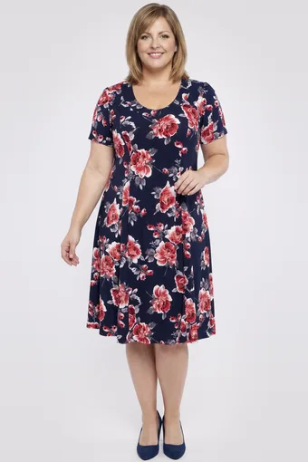 Abito blu navy con fiori rossi