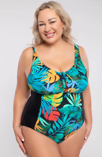 costume da bagno intero nero con foglie colorate
