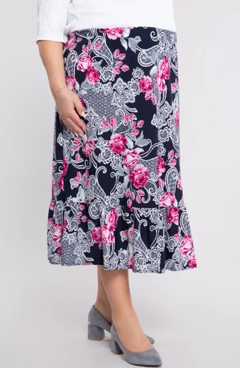 Gonna blu navy con fiori rosa