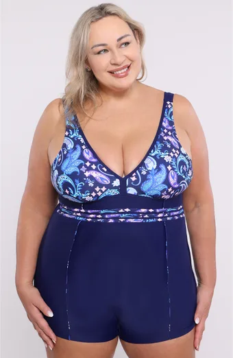 Costume intero blu con fantasie viola