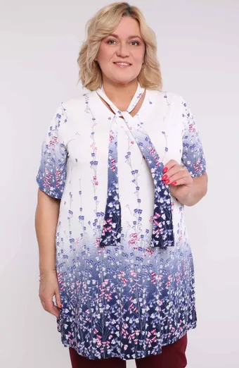 Tunica bianca con cravatta a fiori viola