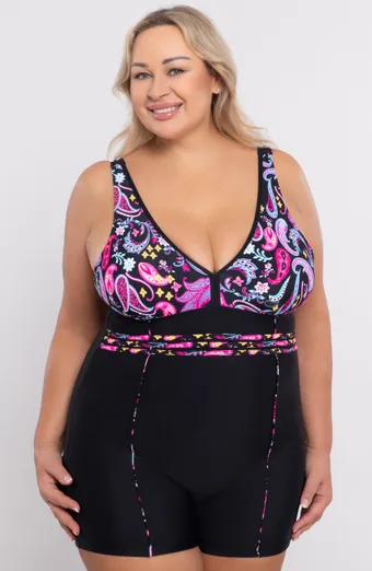 costume da bagno intero nero con fantasie rosa