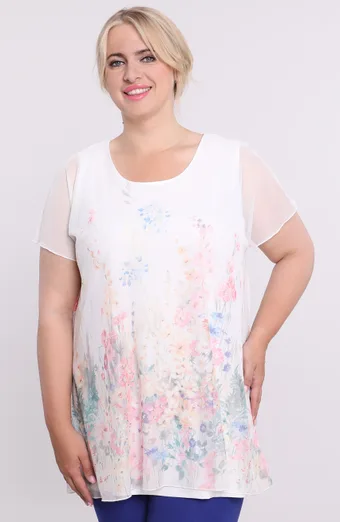 Tunica floreale in chiffon bianco