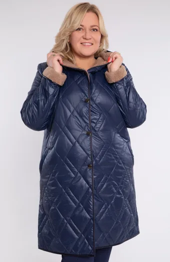 Giacca lunga blu navy con pelliccia