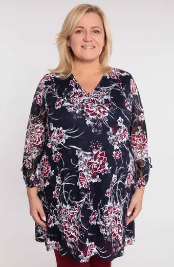 Tunica in pizzo blu navy con fiori bordeaux