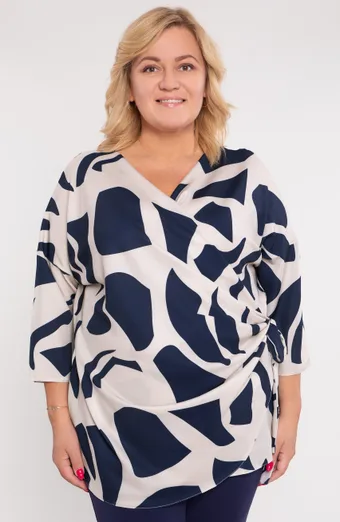 Blusa con cravatta e motivi beige e blu navy