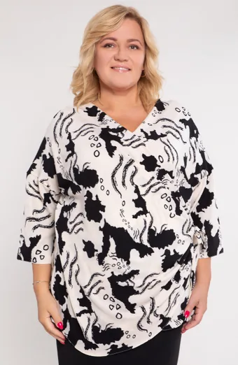 Blusa con cravatta a fantasia color crema e nero