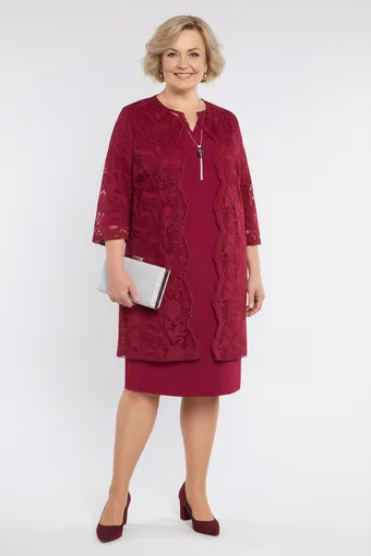 Abito bordeaux con sovrapposizione di pizzo