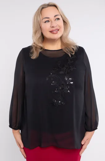 blusa di chiffon nero con decorazioni