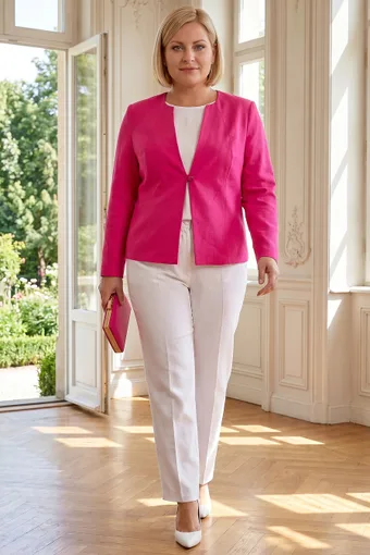 blazer di lino rosa con tasche