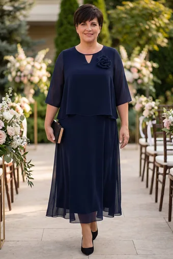 Elegante abito blu navy con decorazioni