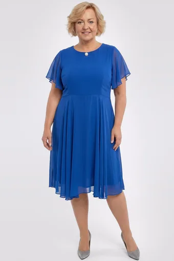 Abito in chiffon blu fiordaliso con spilla