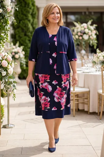 abito floreale blu navy con giacca