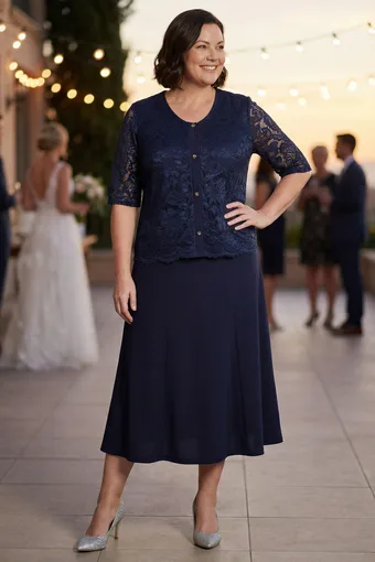 coordinato in pizzo blu navy con bottoni decorativi