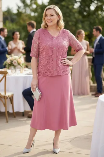 coordinato in pizzo rosa con bottoni decorativi