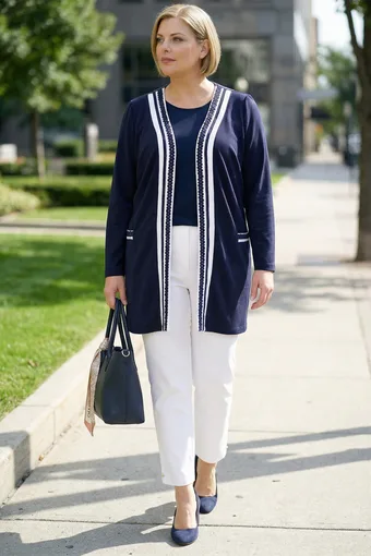 cardigan blu navy con inserti ricamati bianchi
