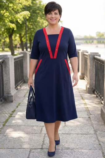 Abito blu navy con scollo rosso