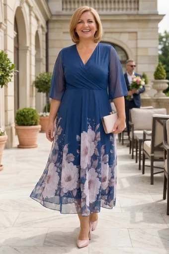 Abito blu navy con gonna a fiori vivaci