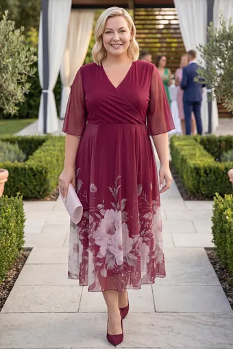 Abito bordeaux con gonna a fiori vivaci