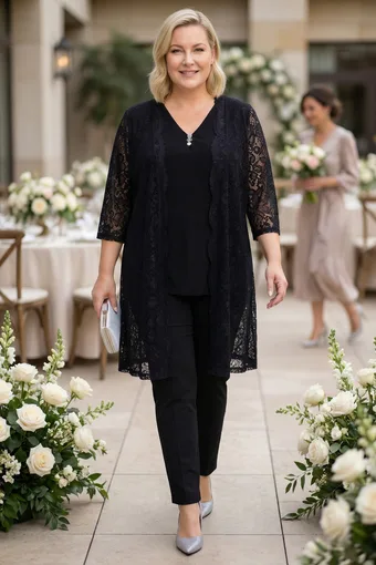 coordinato nero con cardigan di pizzo