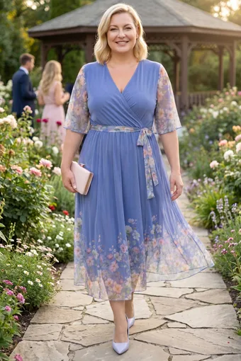 Abito in chiffon azzurro chiaro con cintura