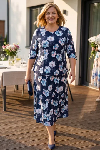 coordinato blu navy con fiori blu e rosa