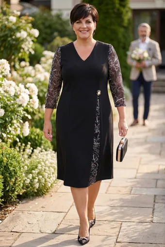 Abito nero con maniche in chiffon e motivi beige e bianchi