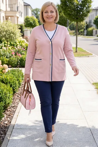 maglione rosa a cinture blu navy