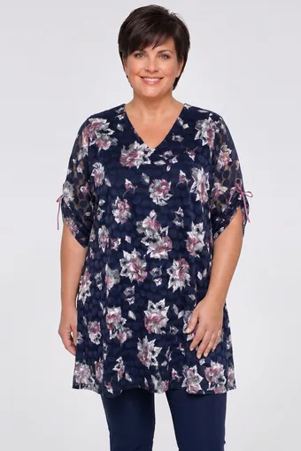 Tunica di pizzo blu navy con fiori rosa e grigi