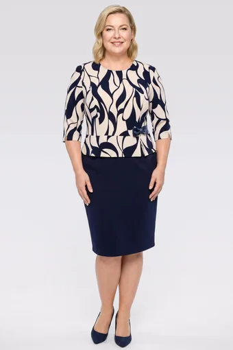 Abito blu navy e beige con fiocco e motivi blu navy