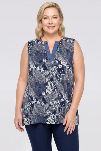 Top blu navy con bottoni beige e verdi
