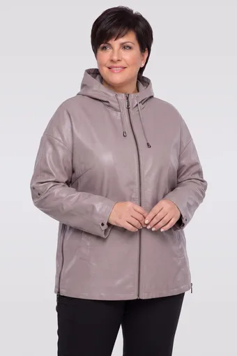 giacca in ecopelle grigia e beige con cappuccio