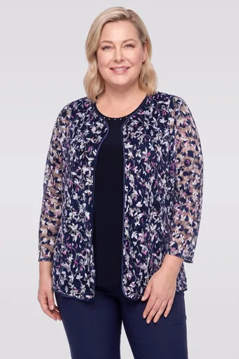 Camicetta e cardigan blu navy con foglie rosa e bianche