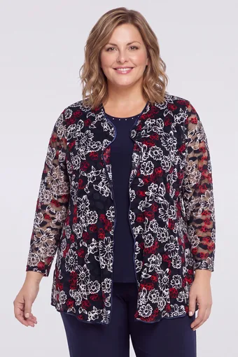 Camicetta e cardigan blu scuro con fiori rossi e bianchi