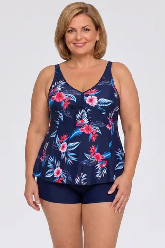 costume da bagno blu navy con stampa tropicale